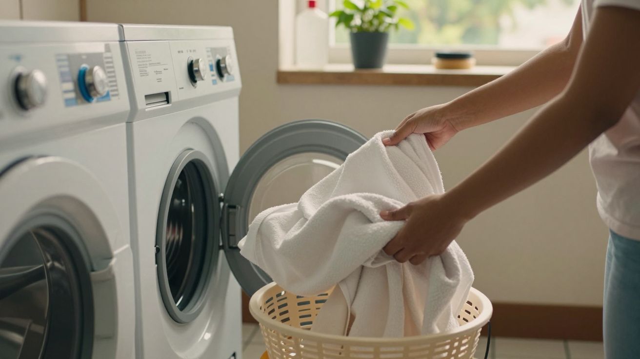 Pessoa colocando roupa branca numa máquina de lavar, ao lado de uma planta em janela iluminada.