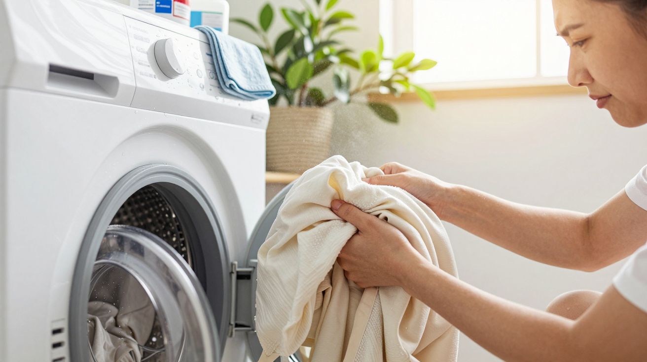 Mulher a colocar roupa branca numa máquina de lavar, com plantas ao fundo.