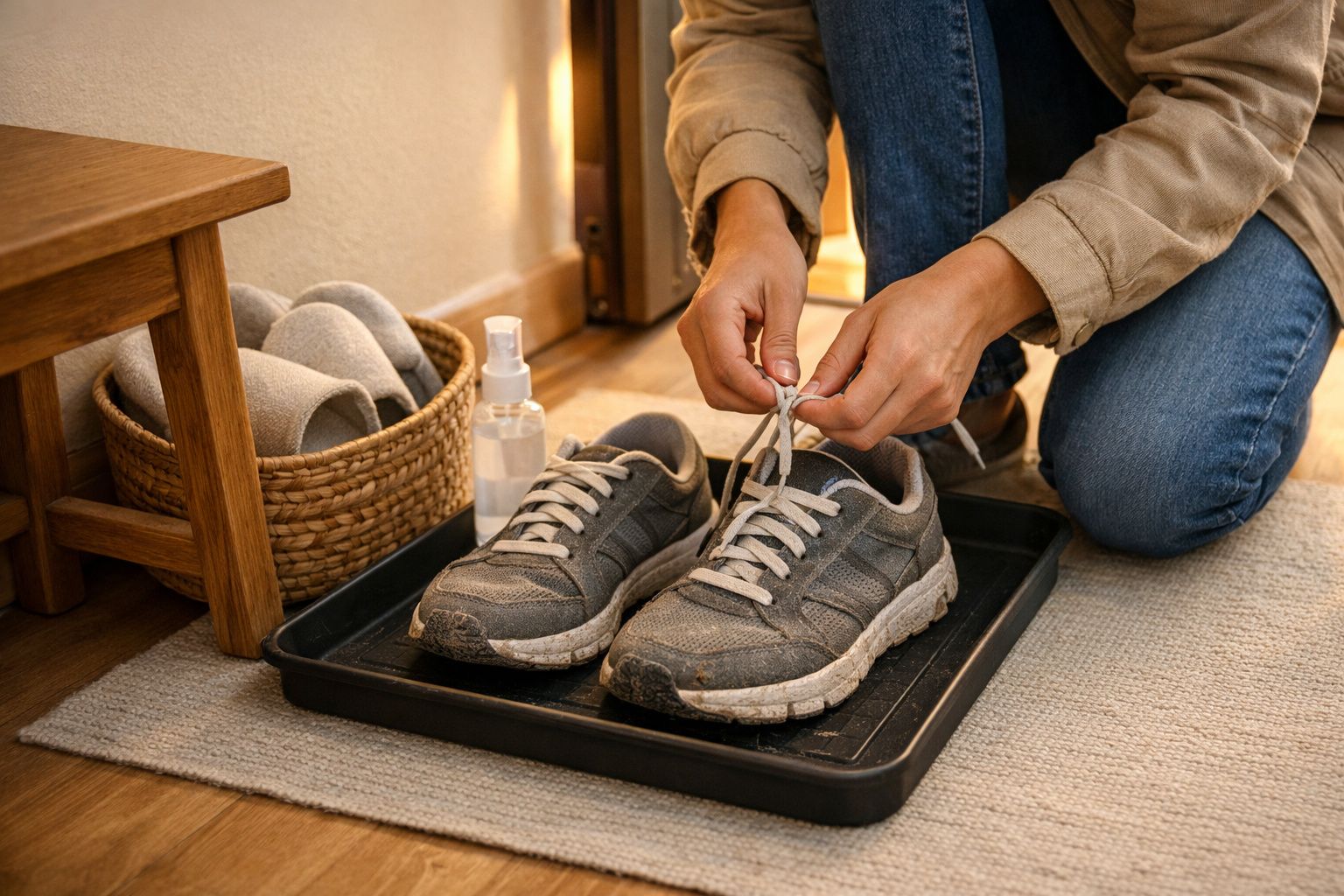 Pessoa de sandálias à porta de casa, com jardim ao fundo e produtos de limpeza no chão.