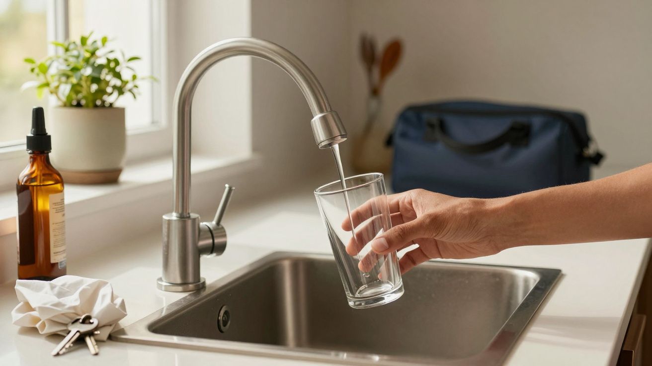 Mão a encher copo de vidro com água de uma torneira de cozinha moderna, com planta e garrafa no balcão.