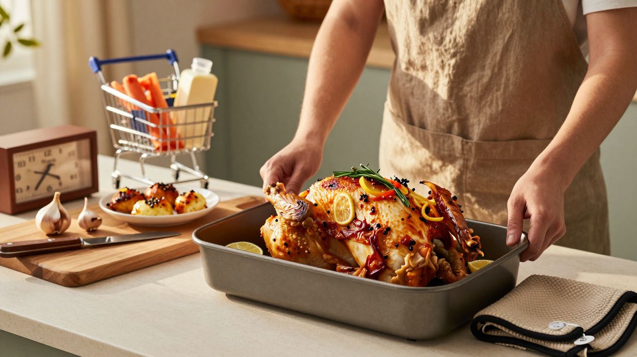 Pessoa com avental prepara peru assado com limão e ervas, num tabuleiro, em cozinha com decoração simples.