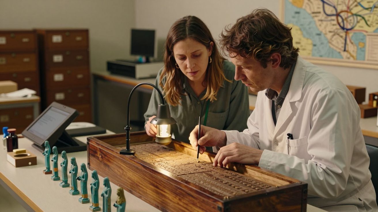 Dois pesquisadores analisam um artefato antigo numa mesa, com mapas e figuras ao fundo numa sala de estudos.