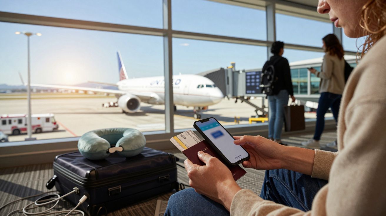 Pessoa sentada num aeroporto com telemóvel, passaporte e bilhete na mão. Avião estacionado ao fundo.