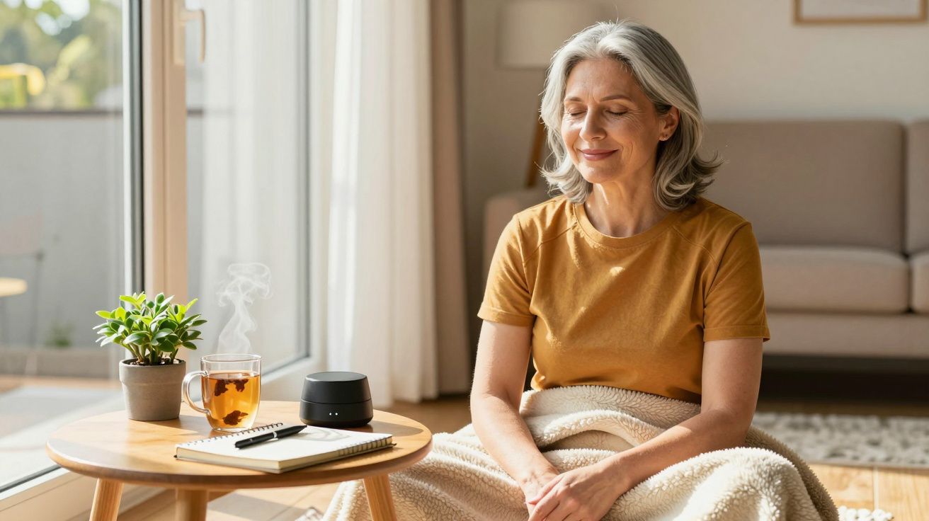 Mulher idosa sorrindo, sentada no sofá, coberta com manta, ao lado de mesa com chá, planta e bloco de notas.