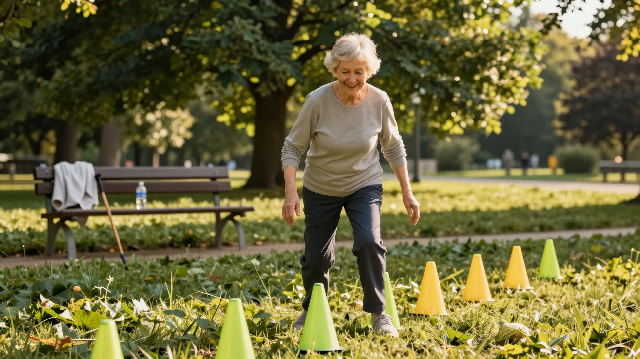Idosa a fazer exercício ao ar livre com cones coloridos num parque, em dia ensolarado.