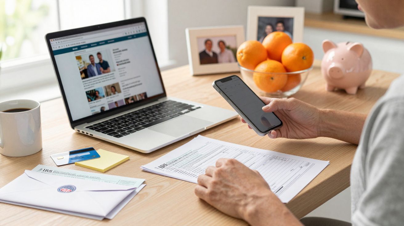 Pessoa a usar smartphone e laptop numa secretária com documentos, cartão de crédito, envelope e tigela de laranjas.