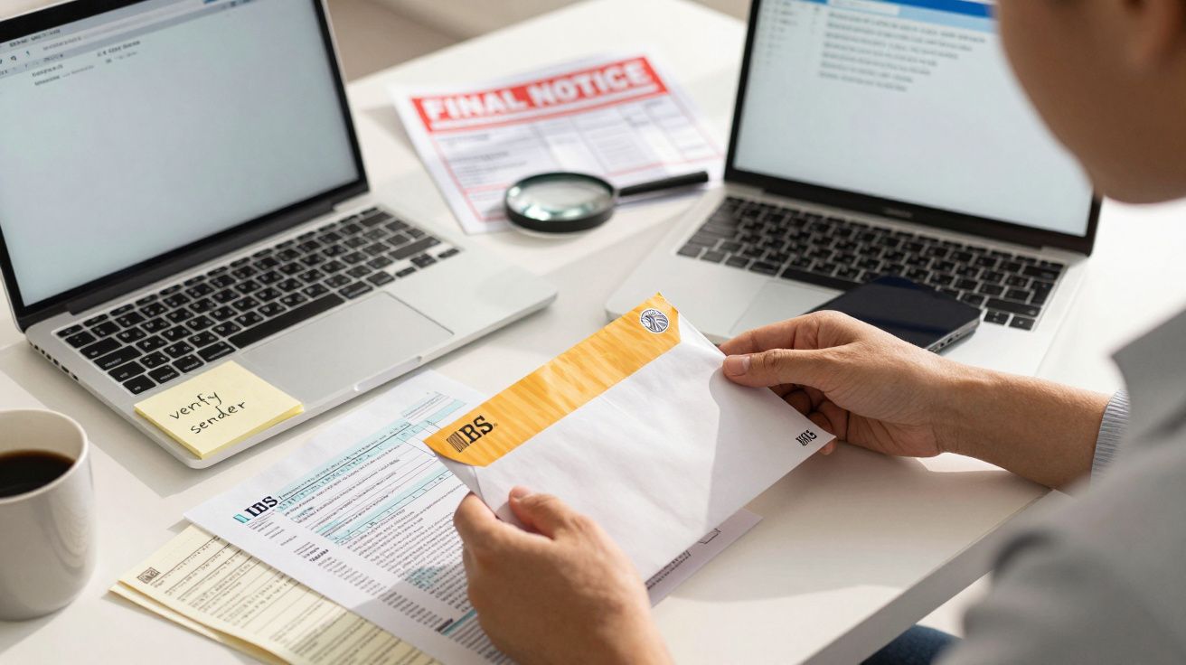 Pessoa segurando envelope, com dois portáteis abertos sobre uma mesa, papéis e uma lupa ao lado.