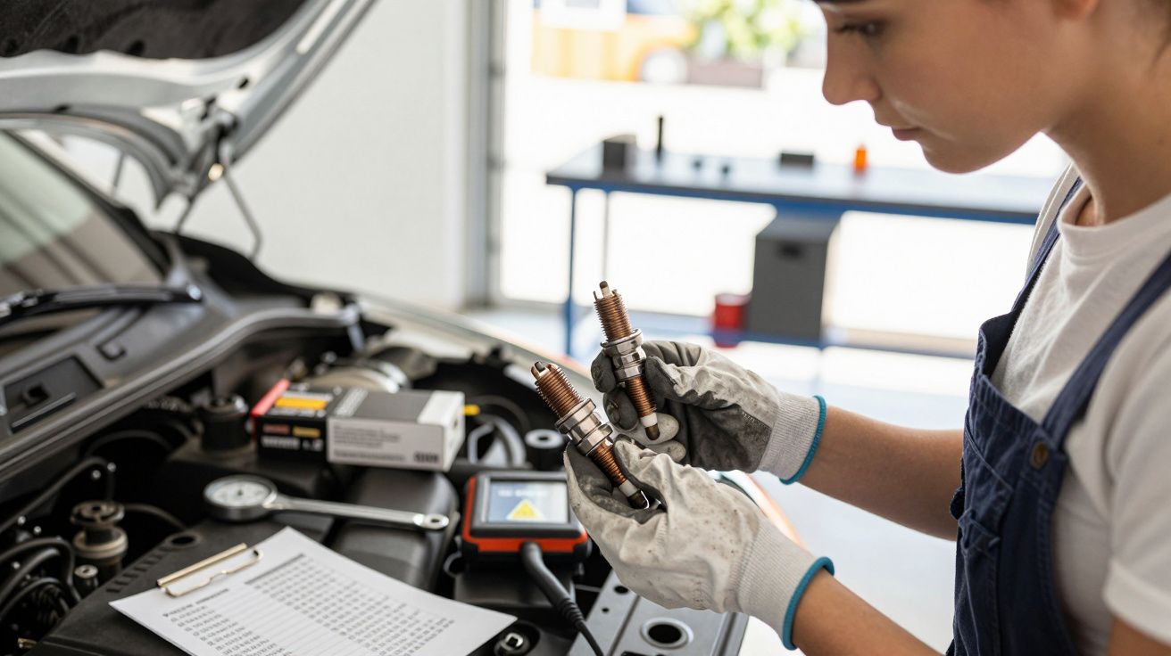 Mulher com luvas analisando velas de ignição ao lado de carro aberto, com ferramentas e lista de verificação.