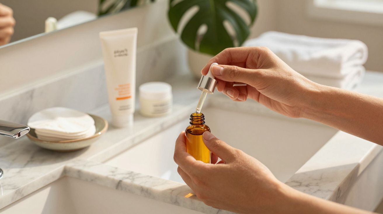 Mãos seguram conta-gotas sobre frasco âmbar no lavatório de casa de banho, com produtos de cuidado de pele ao fundo.