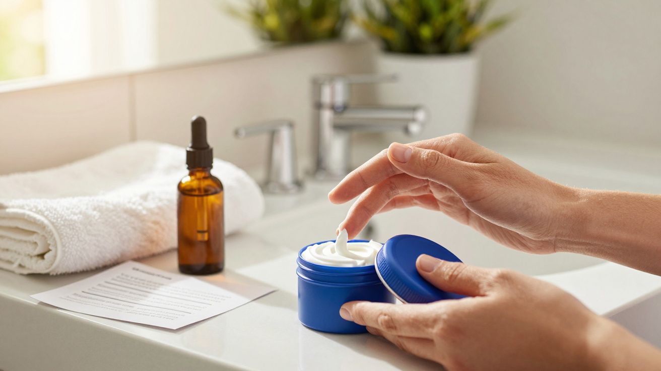 Mãos aplicam creme de pote azul numa casa de banho com frasco âmbar e toalha branca ao fundo.