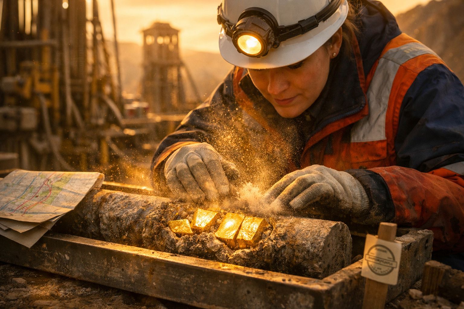 Mineiro com capacete examina barra de ouro sob luz, ao lado de um mapa colorido numa mesa dentro de uma mina escura.