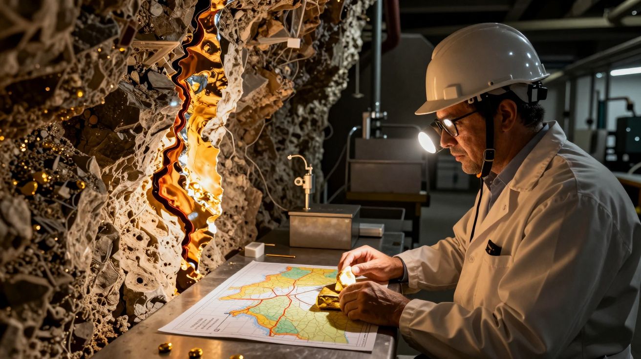 Cientista de capacete analisa amostras junto a uma parede rochosa brilhante, com mapa geográfico na mesa.