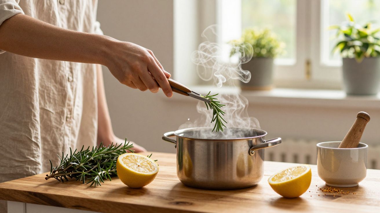 Pessoa usa pinça para adicionar alecrim a uma panela a ferver num balcão de cozinha, com limões e um almofariz ao lado.