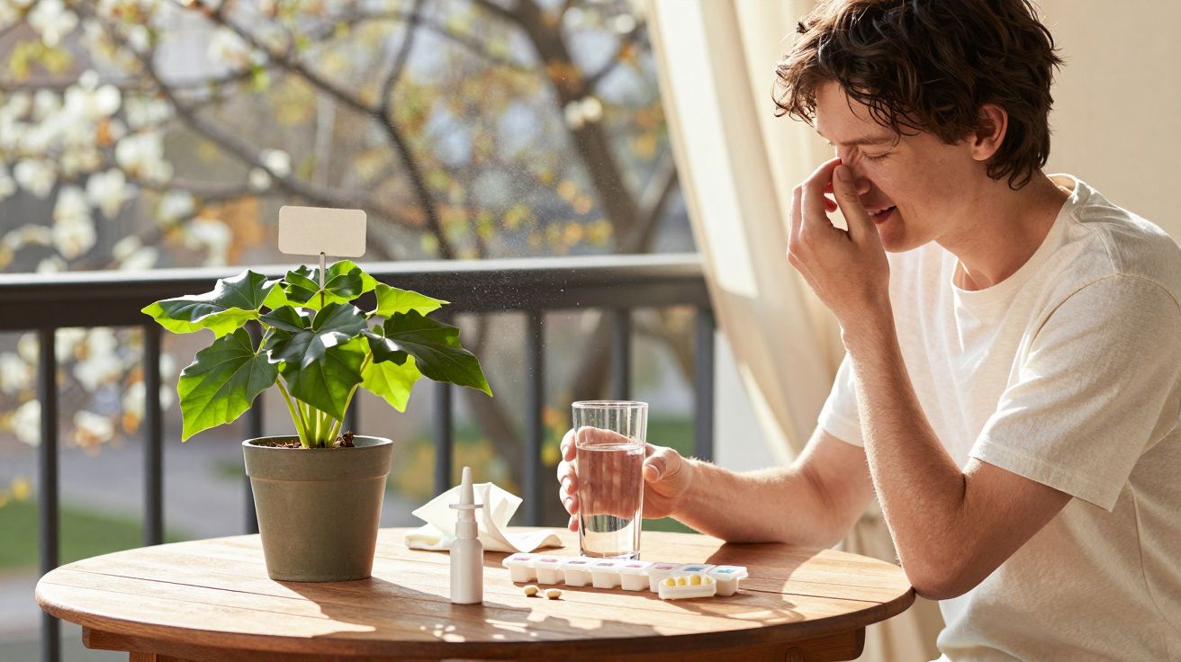 Homem sentado à mesa com lenços, comprimidos e spray nasal, segurando copo de água e tocando o nariz. Planta ao lado.