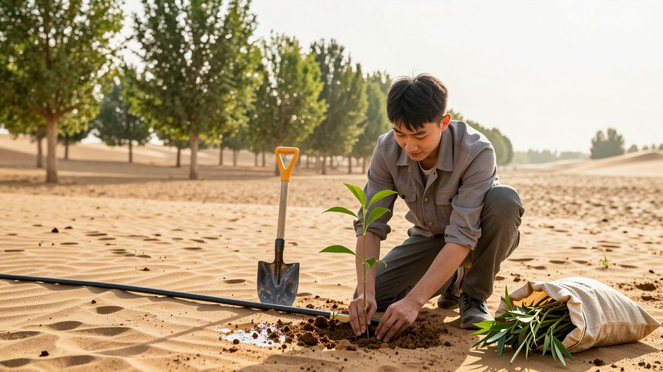 Homem a plantar uma árvore jovem no deserto, com uma pá e um saco, cercado por árvores ao fundo.