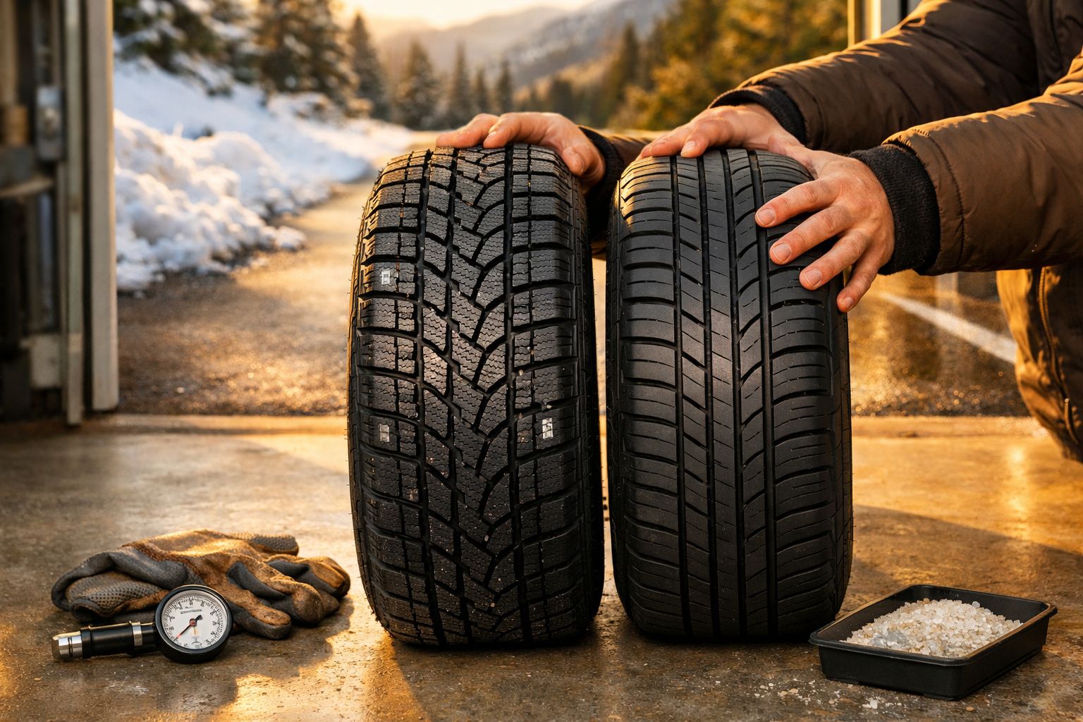 Homem trocando pneu de carro na estrada, com pneus sobressalentes ao lado, num cenário de montanha.