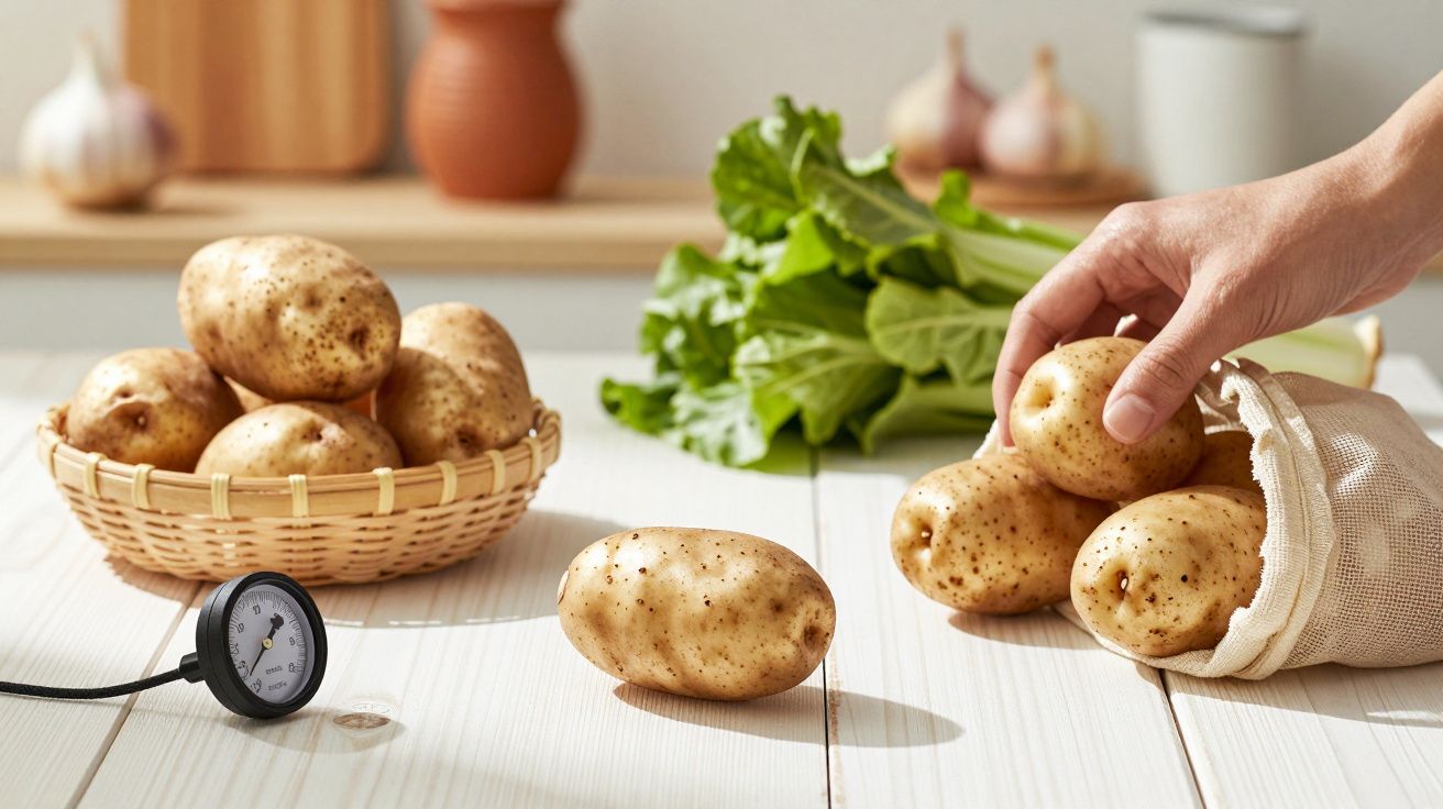 Mão a pegar batatas em saco de tecido numa cozinha, com mais batatas numa cesta e alface ao fundo.