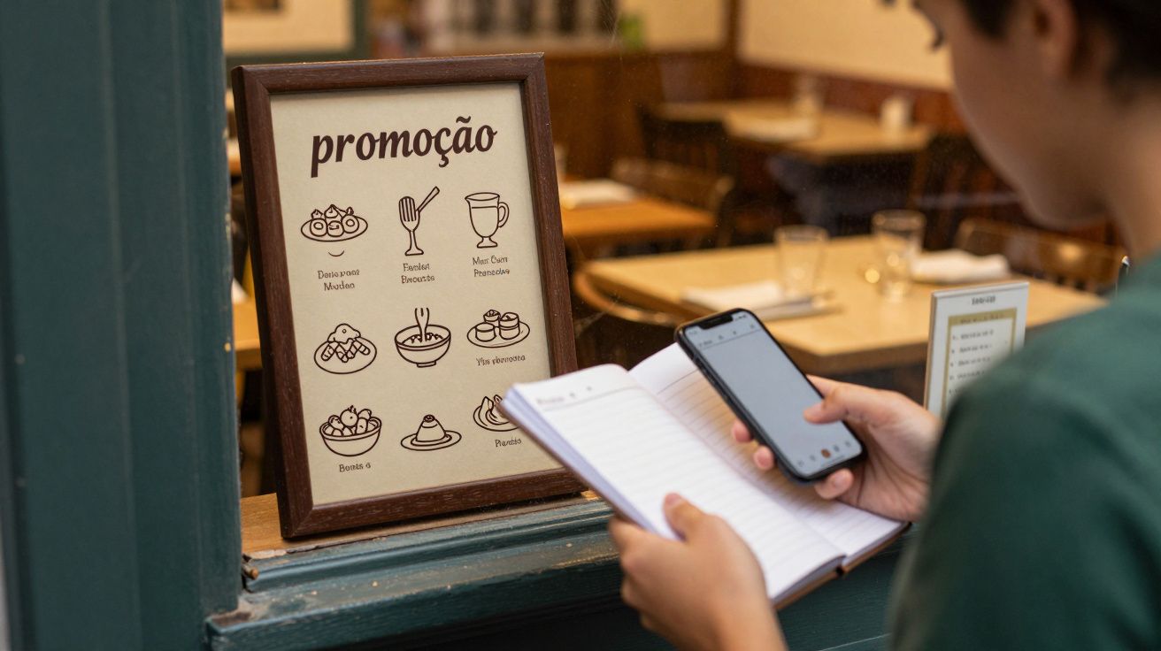 Pessoa consulta telemóvel com caderno, ao lado de placa de promoções num café.