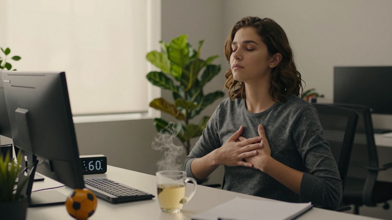 Mulher relaxa no escritório, de olhos fechados, com mãos no peito e chá fumegante sobre a mesa ao lado do computador.