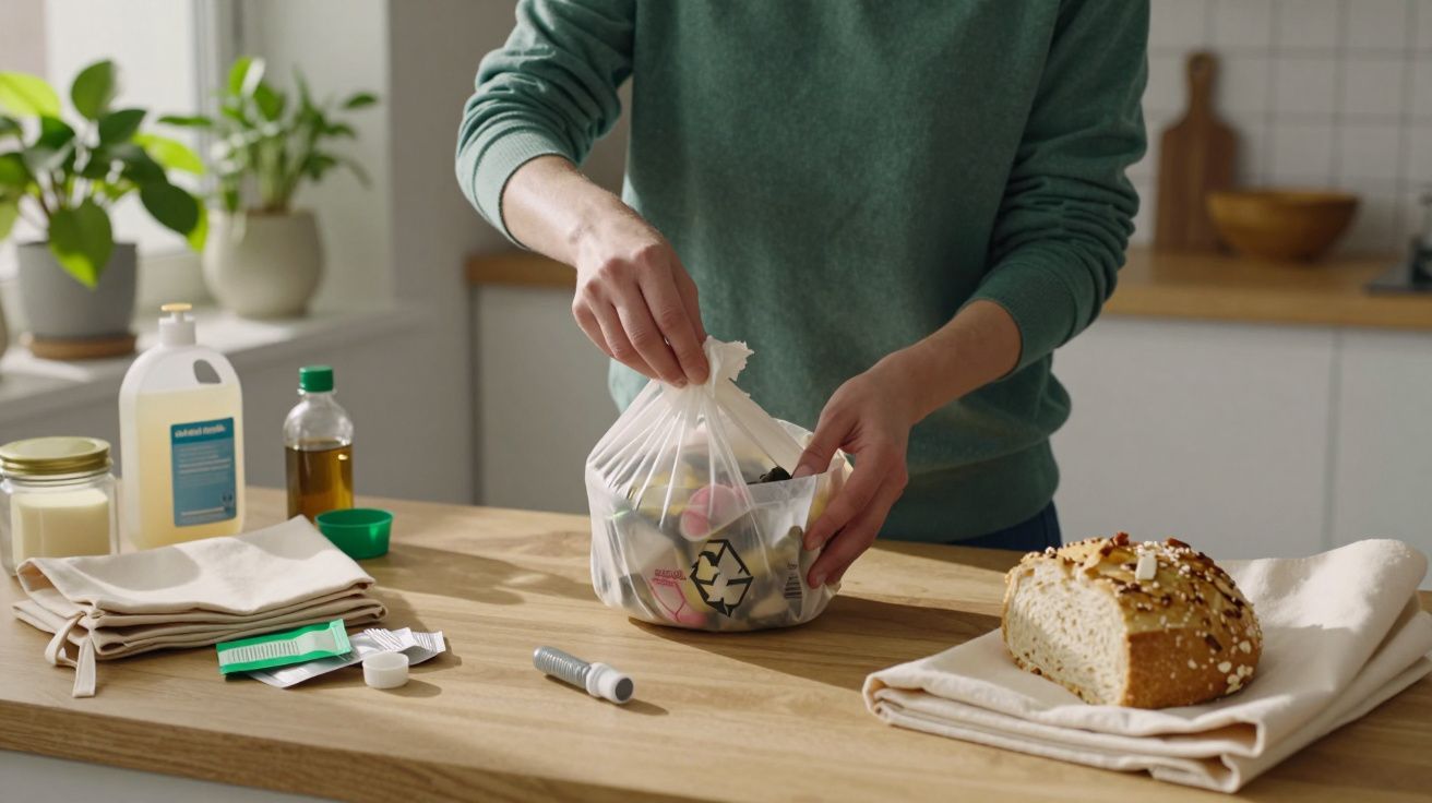 Pessoa a separar lixo para reciclagem na cozinha, com pão e produtos de limpeza na bancada.