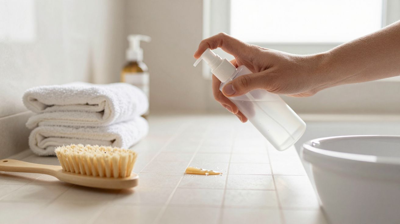 Mão segurando dispensador de sabonete líquido, ao lado de toalhas brancas e uma escova, em bancada de casa de banho.