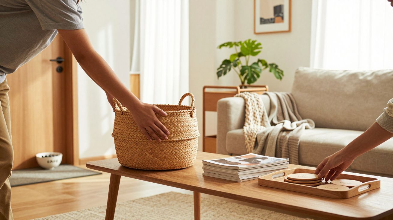Sala moderna com pessoas organizando uma mesa de café. Um cesto e tabuleiro com porta-copos estão em destaque.