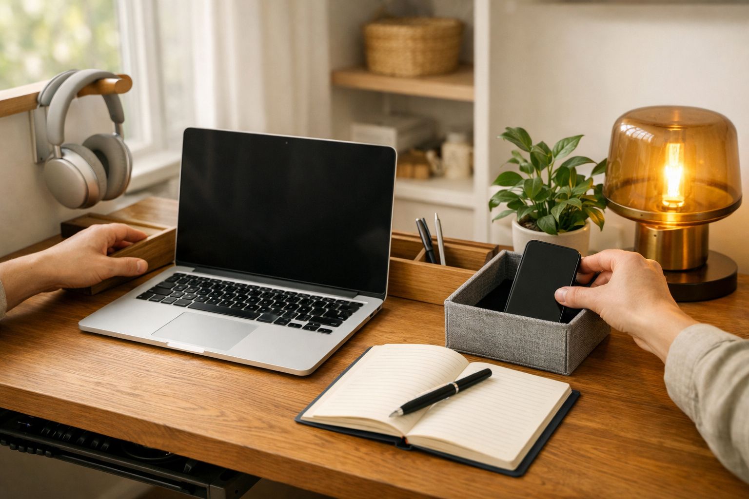 Pessoa arruma smartphone numa gaveta sobre secretária com portátil, caderno e planta ao fundo.