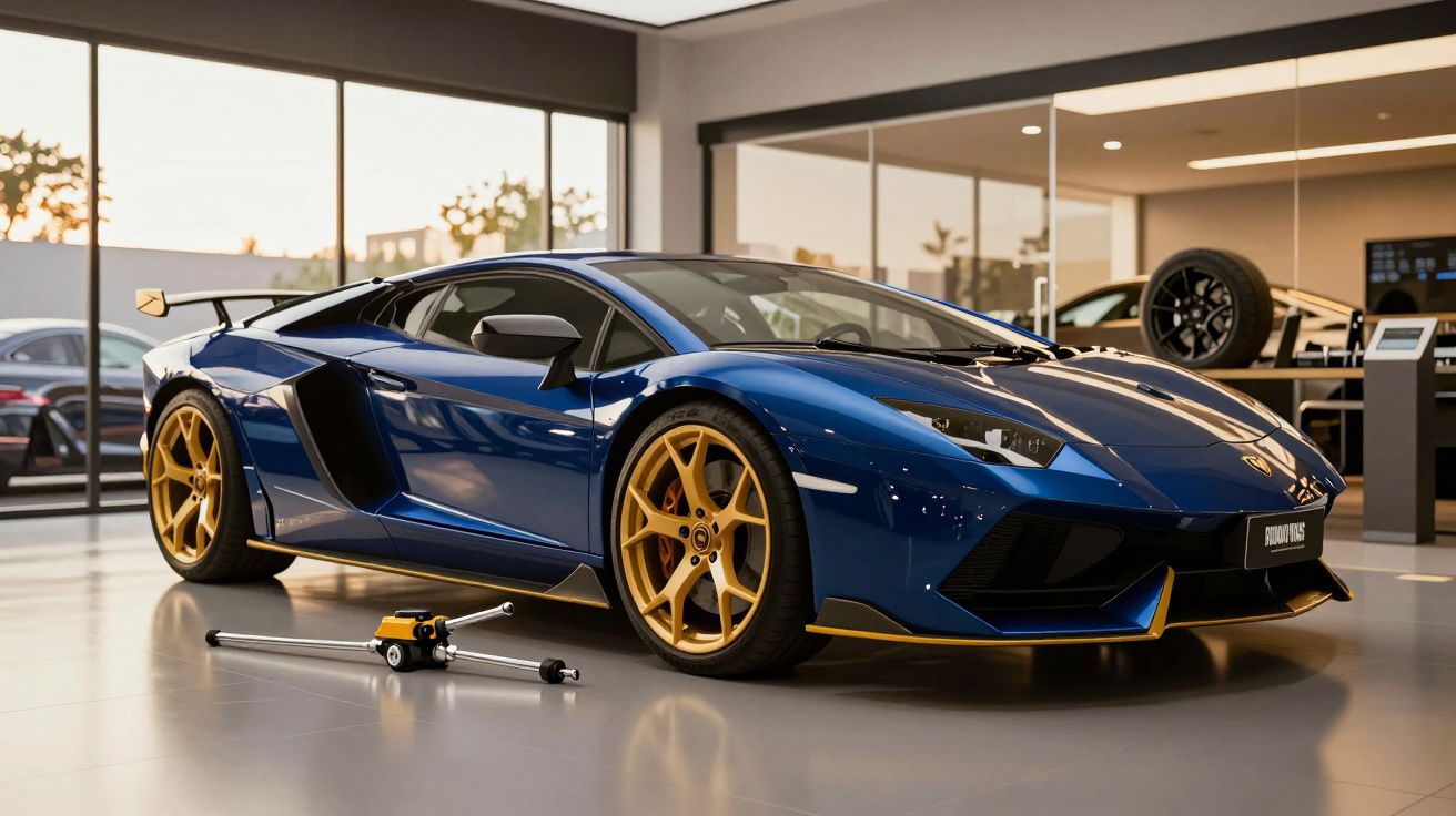 Carro desportivo azul com jantes douradas num showroom moderno, ao lado de uma ferramenta de chão.