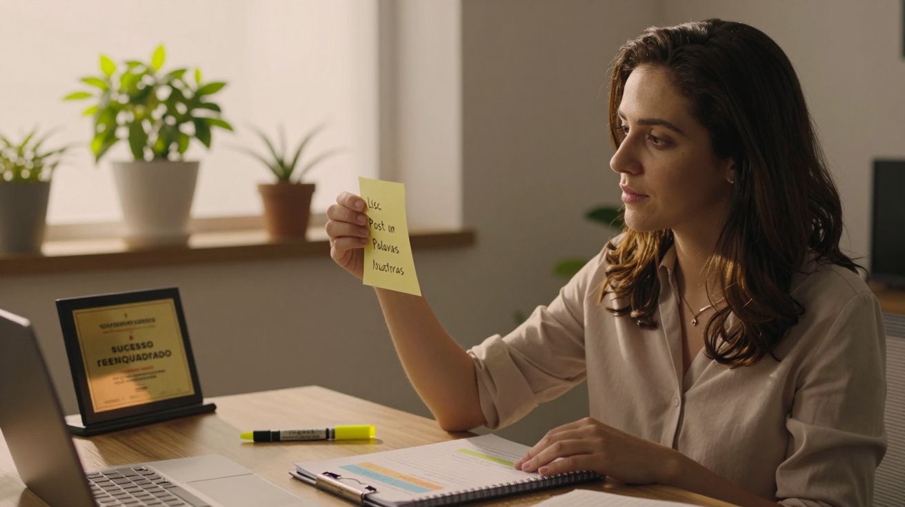Mulher sentada à secretária, segurando um post-it, com portátil e plantas ao fundo.