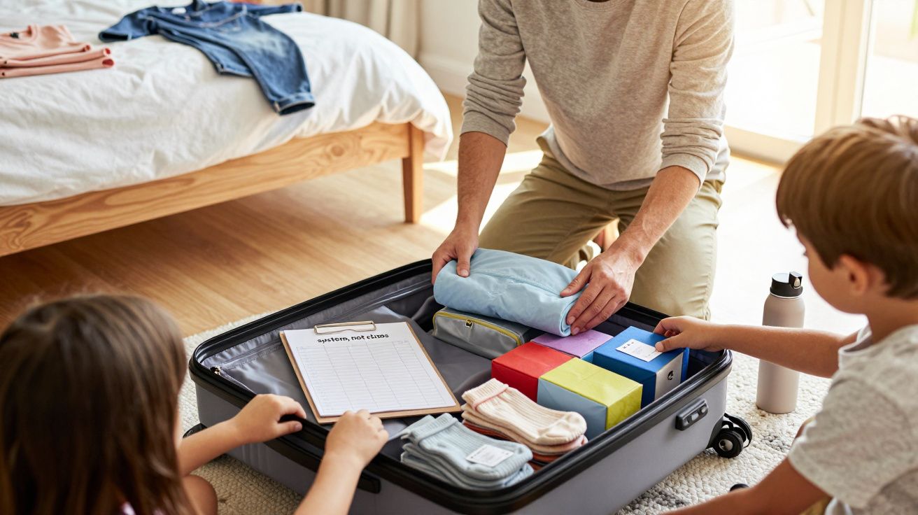 Pessoa a fazer malas com crianças, com roupa dobrada e lista de verificação; quarto ao fundo.