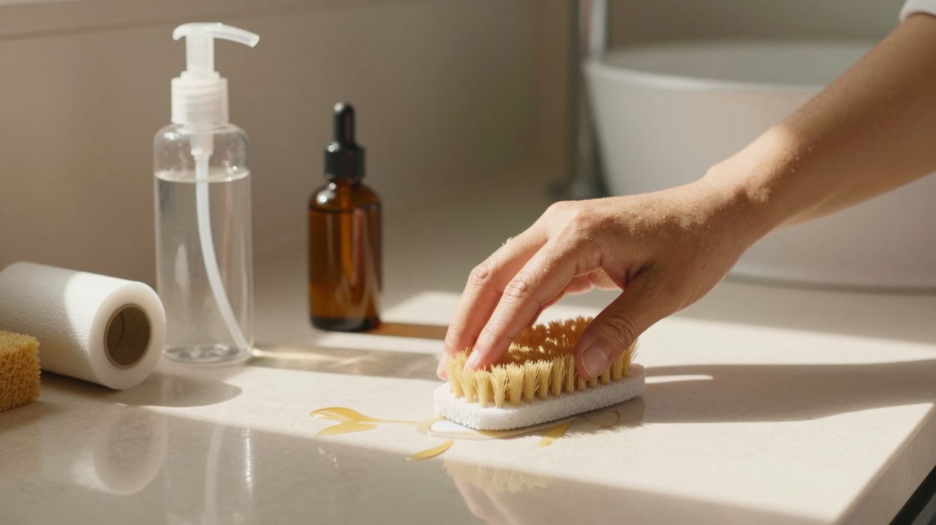 Mão a esfregar o balcão com uma escova, perto de sabão líquido, garrafa âmbar e rolo de papel.