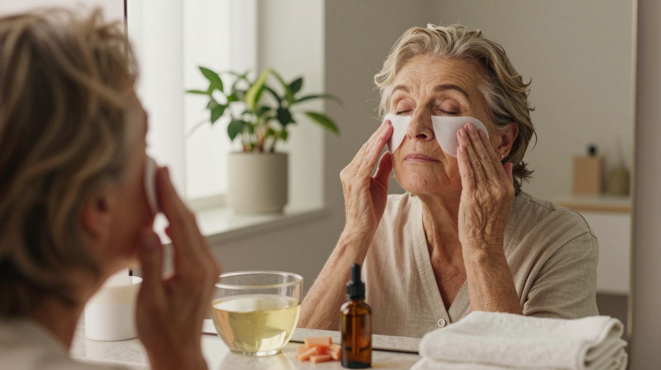 Mulher idosa aplica compressas faciais em frente ao espelho, com produtos de cuidados de pele sobre a mesa.