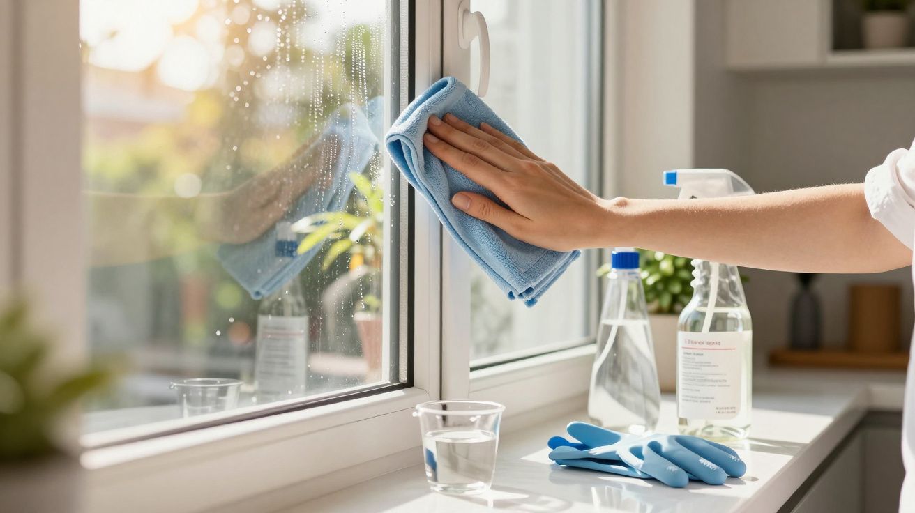 Mão a limpar janela com pano azul em cozinha iluminada por sol, produtos de limpeza e copo com água ao lado.