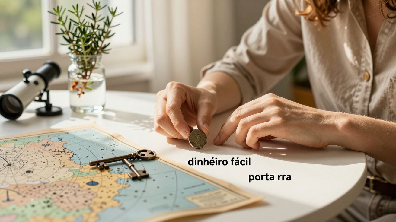 Pessoa segura moeda sobre mapa, com chaves antigas na mesa e planta ao fundo, em ambiente iluminado.