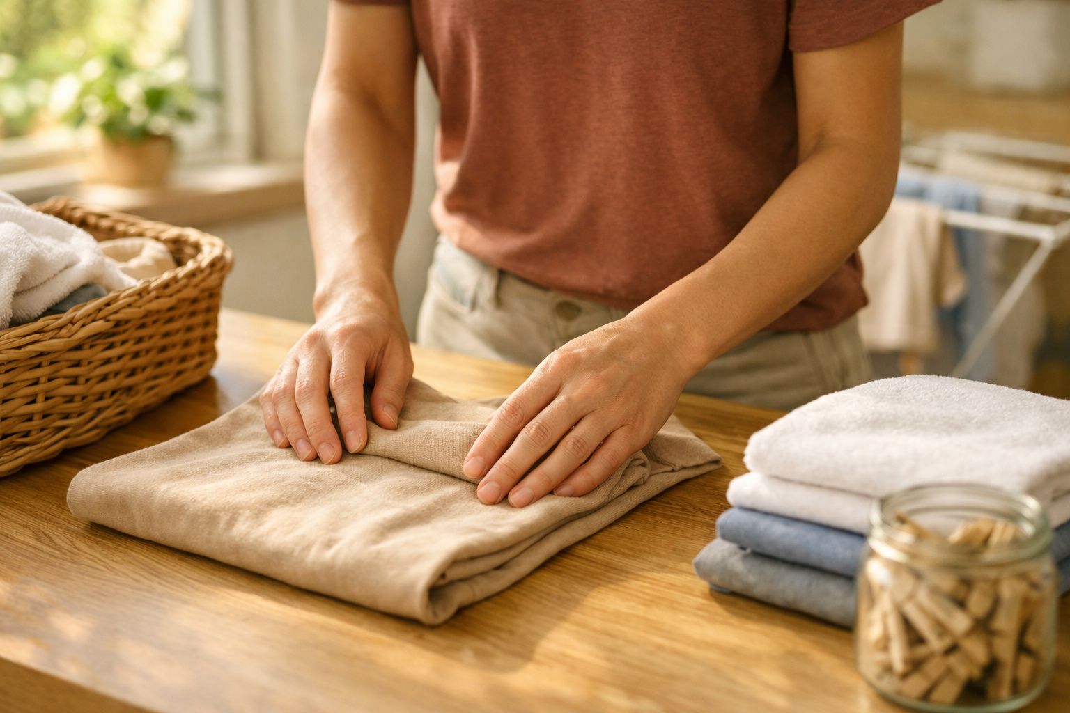 Pessoa a dobrar roupa branca numa tábua de passar, junto a uma janela com plantas e rádio ao fundo.