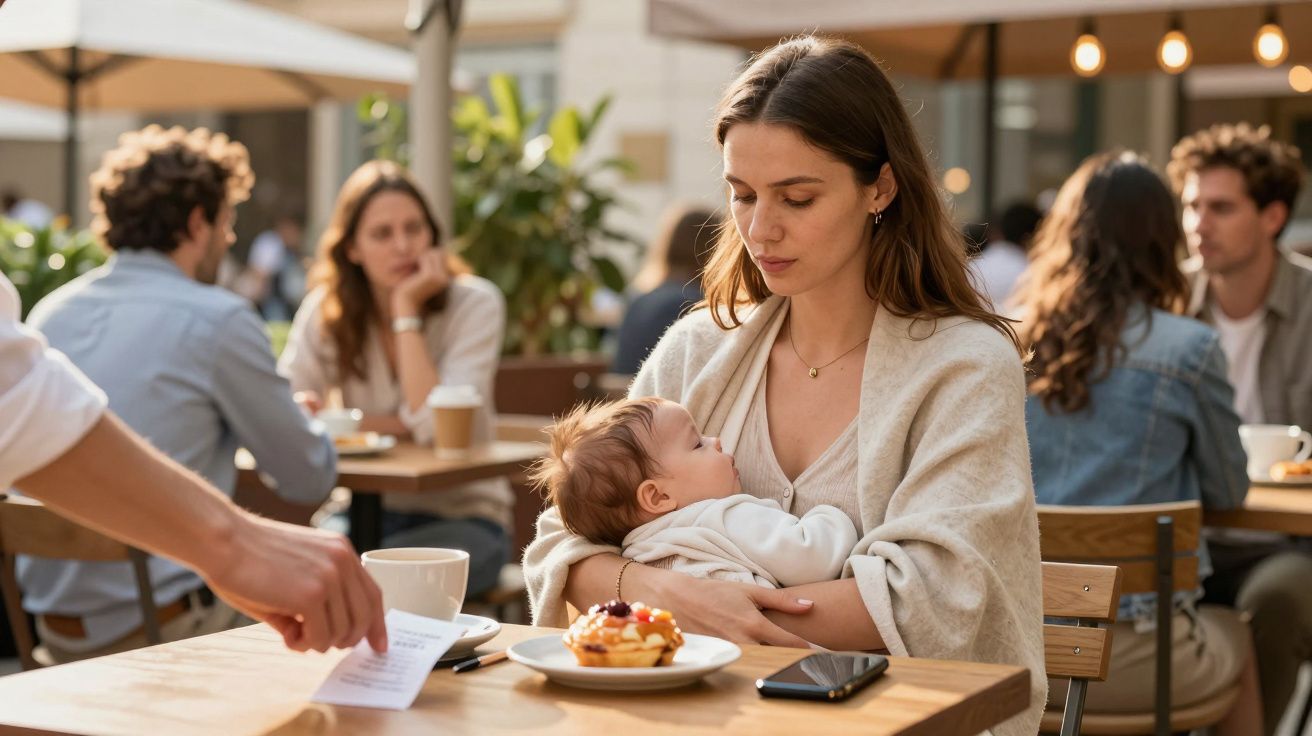 Mulher segura bebé num café ao ar livre, com mesas e pessoas ao fundo. Uma sobremesa e telemóvel sobre a mesa.