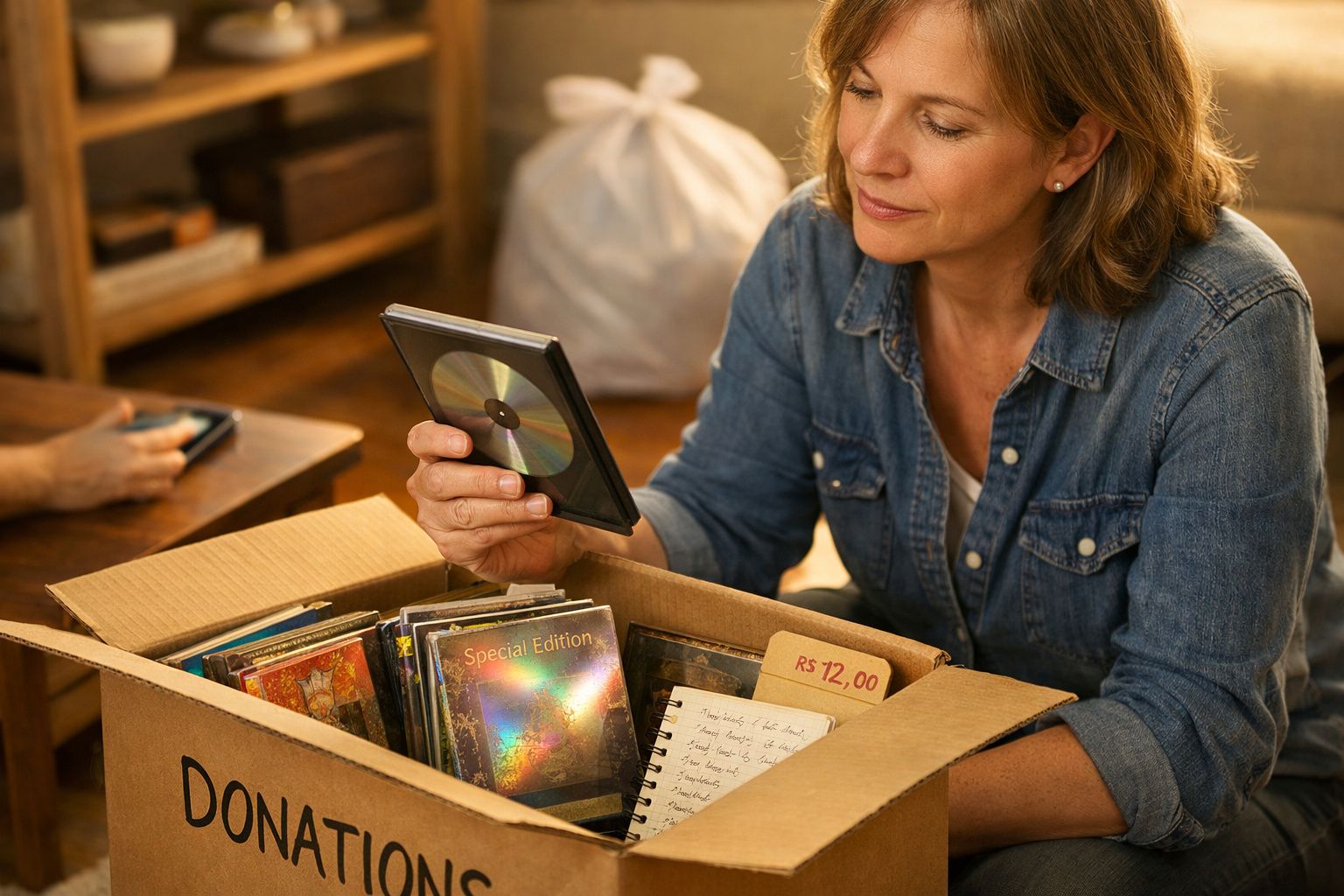 Mulher consultando telemóvel, rodeada de documentos e uma caixa com etiqueta "descoberta de valor", numa sala iluminada.