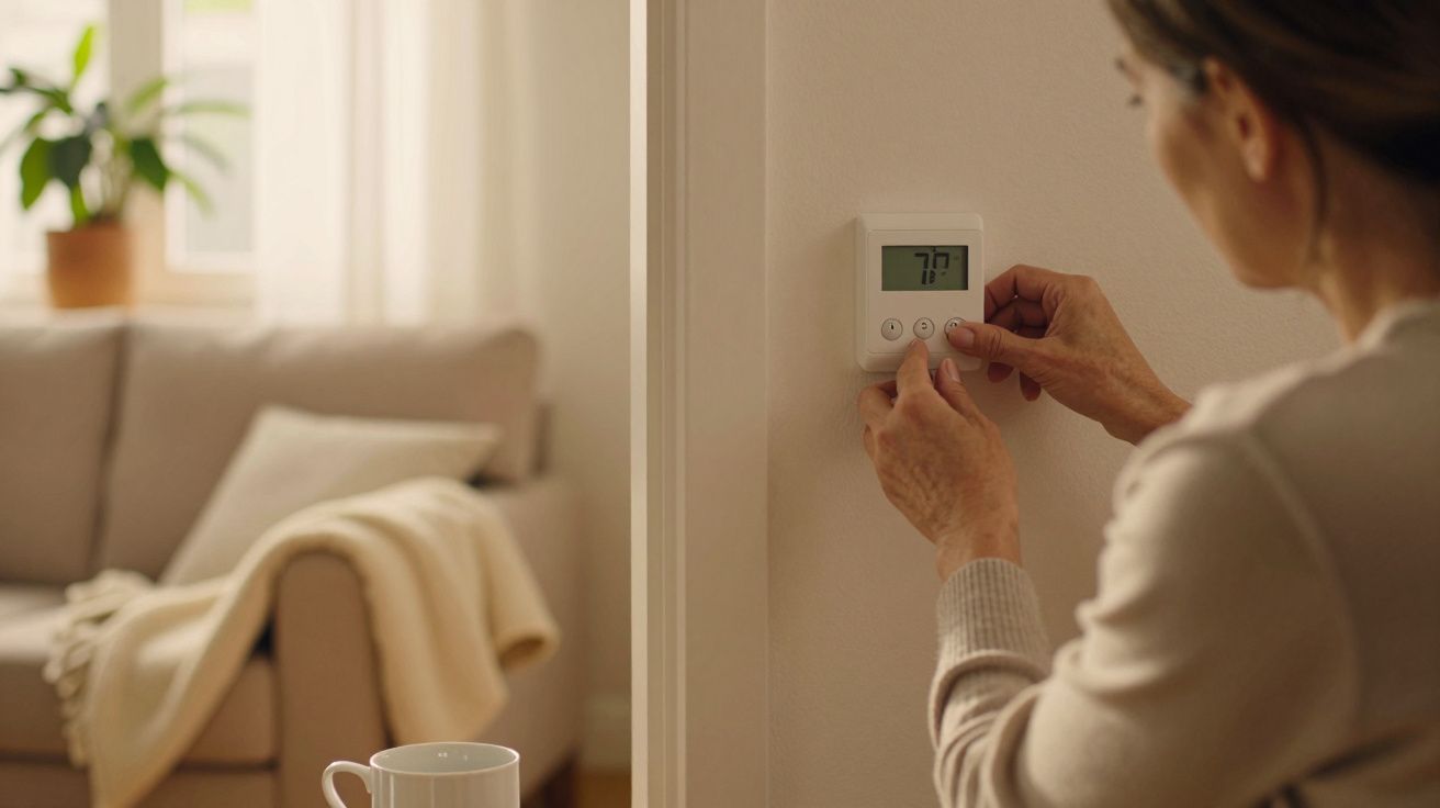 Mulher ajusta termóstato na parede de uma sala aconchegante com sofá e planta ao fundo.