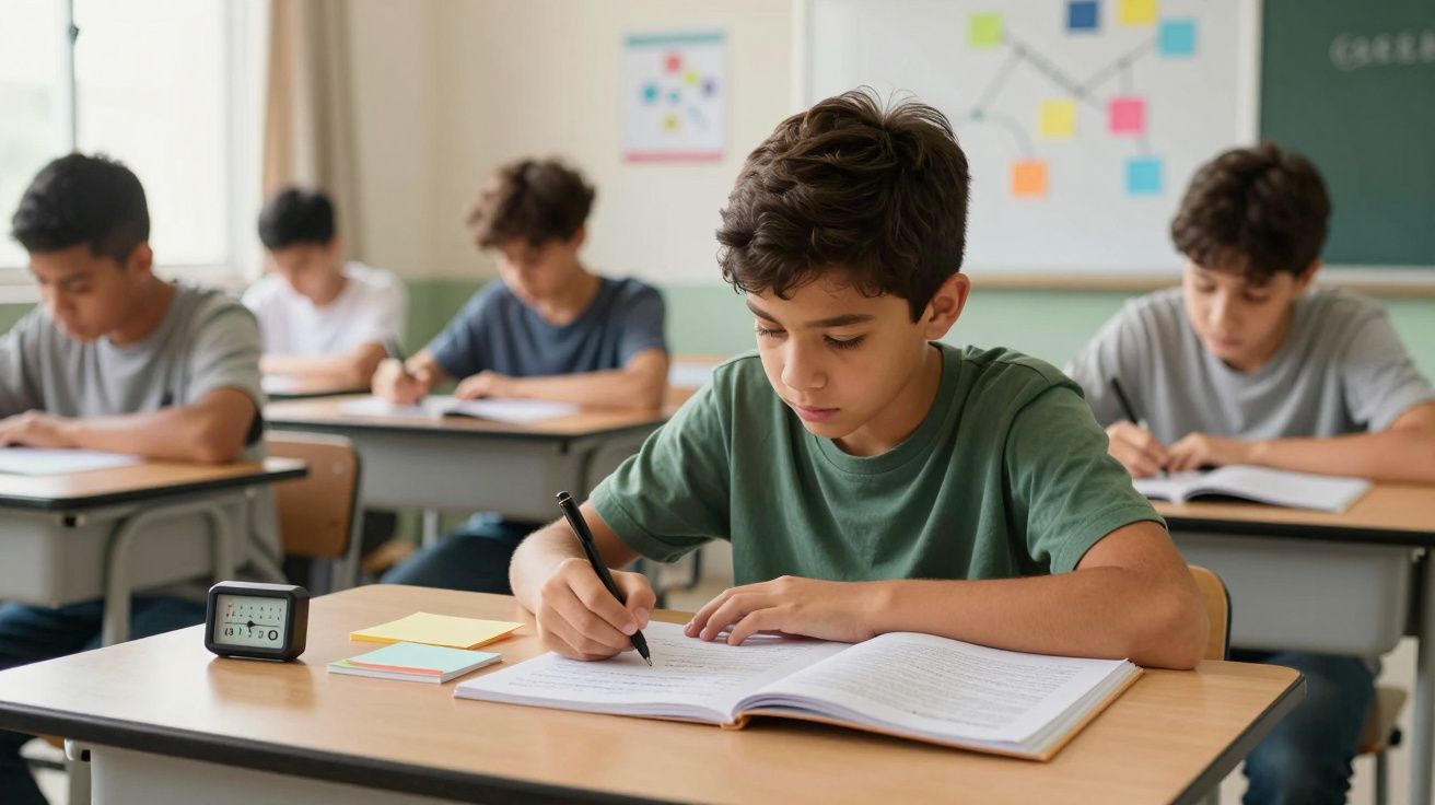 Rapaz concentrado a fazer um teste numa sala de aula, rodeado por colegas também a escrever.