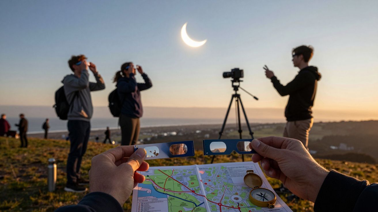 Pessoas observam um eclipse solar ao pôr do sol numa colina; mapa e óculos de proteção em primeiro plano.