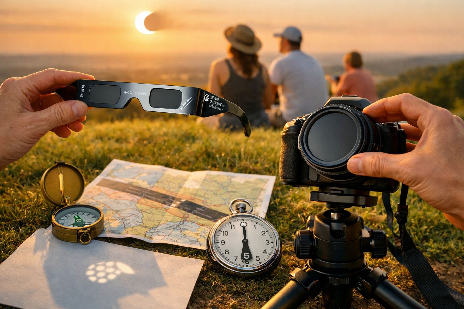 Jovem observa um eclipse solar com óculos, enquanto outra pessoa tira foto. Cidade ao fundo, ao pôr do sol.