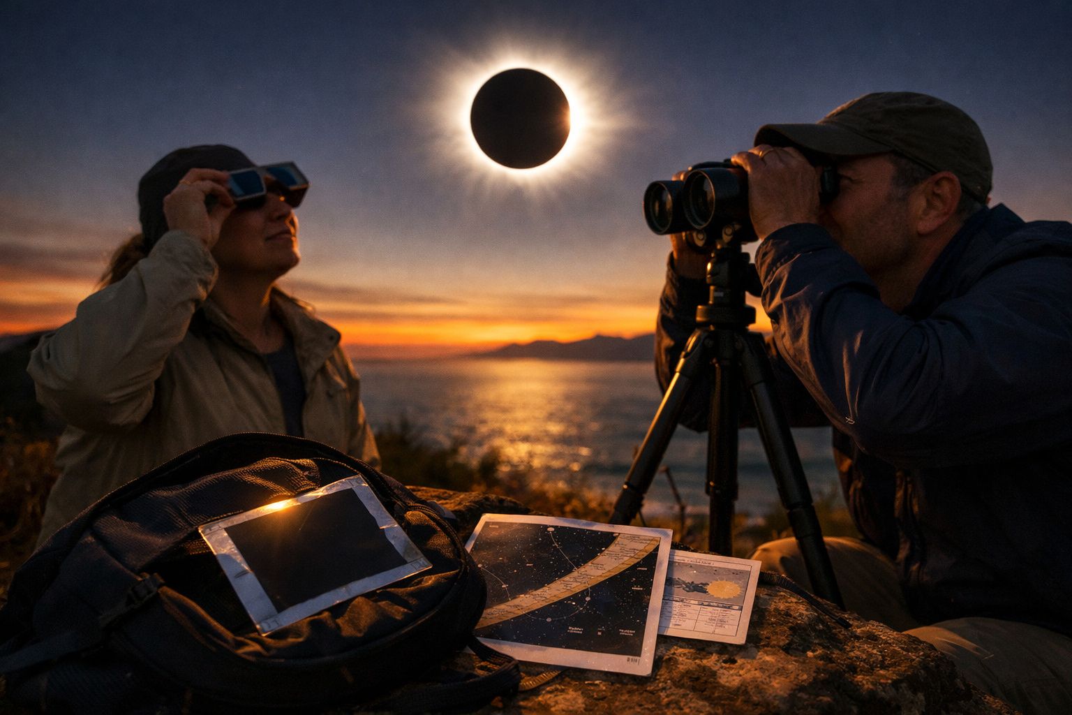 Grupo de jovens num penhasco ao pôr do sol, um fotografa o oceano enquanto outros conversam em mantas.