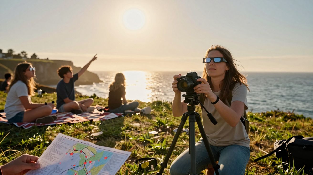 Grupo observa o pôr do sol numa falésia. Mulher ajusta câmara num tripé. Outros sentados num piquenique, mapa na frente.