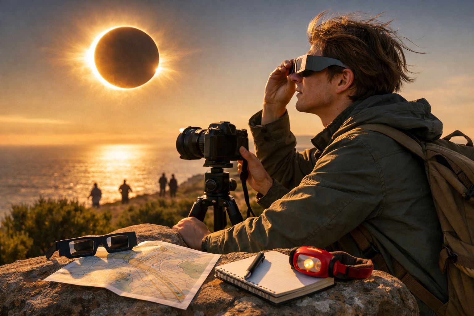 Grupo de pessoas observa eclipse solar na praia, usando óculos escuros. Câmara em tripé e mapa no chão.