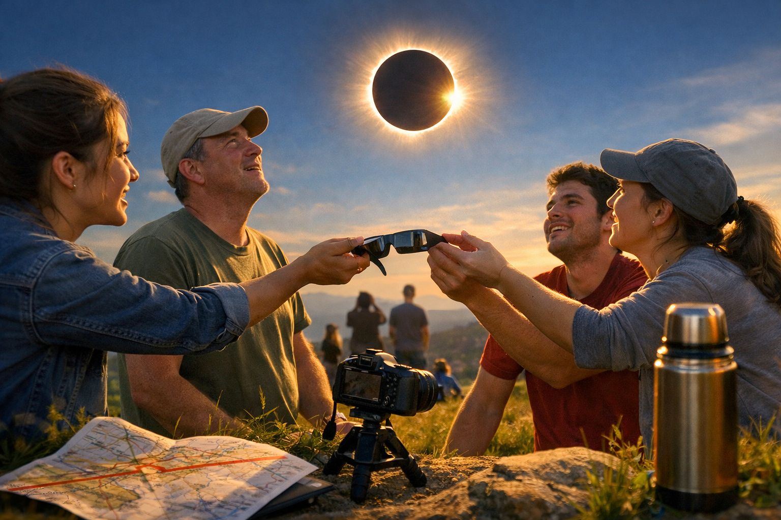 Grupo de pessoas a observar a lua com binóculos, sentados num prado à noite sobre uma manta com mapa.