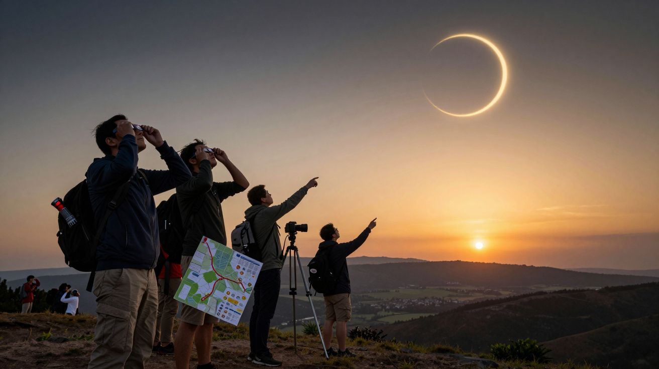 Pessoas observam eclipse solar ao pôr do sol com binóculos e mapa, numa colina com paisagem ao fundo.