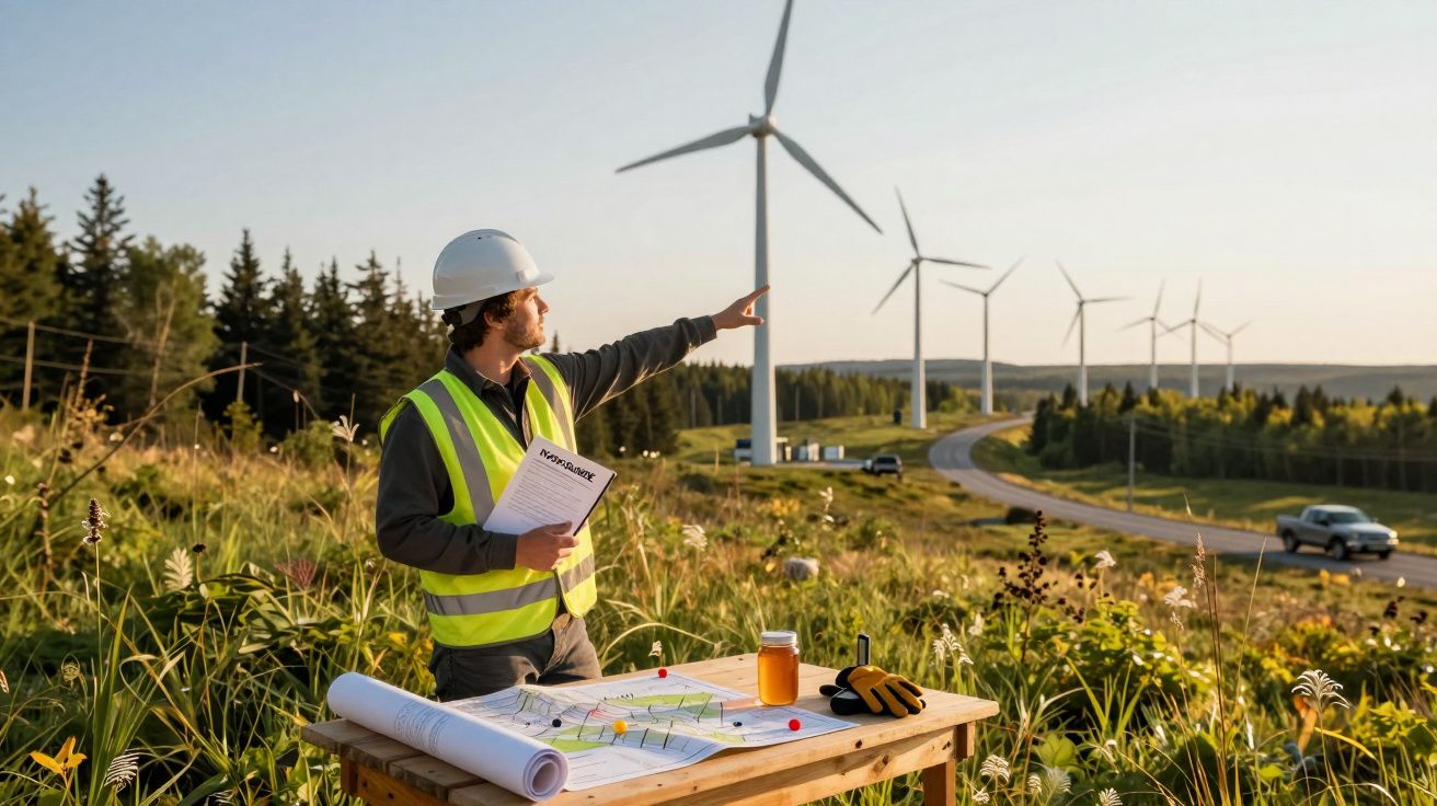 Técnico com capacete aponta para turbinas eólicas em campo, ao lado de mesa com mapas e equipamentos ao pôr do sol.