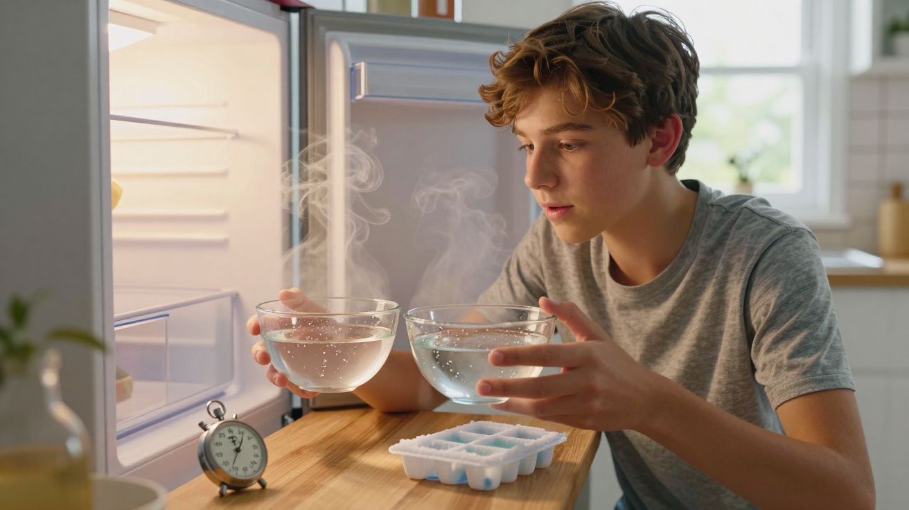 Rapaz segurando duas tigelas de água perto de frigorífico aberto, com temporizador e tabuleiro de gelo sobre a bancada.