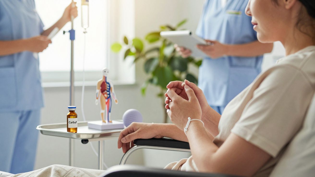 Paciente sentado numa cama de hospital, com enfermeiros ao fundo e frasco de remédio na mesa ao lado.