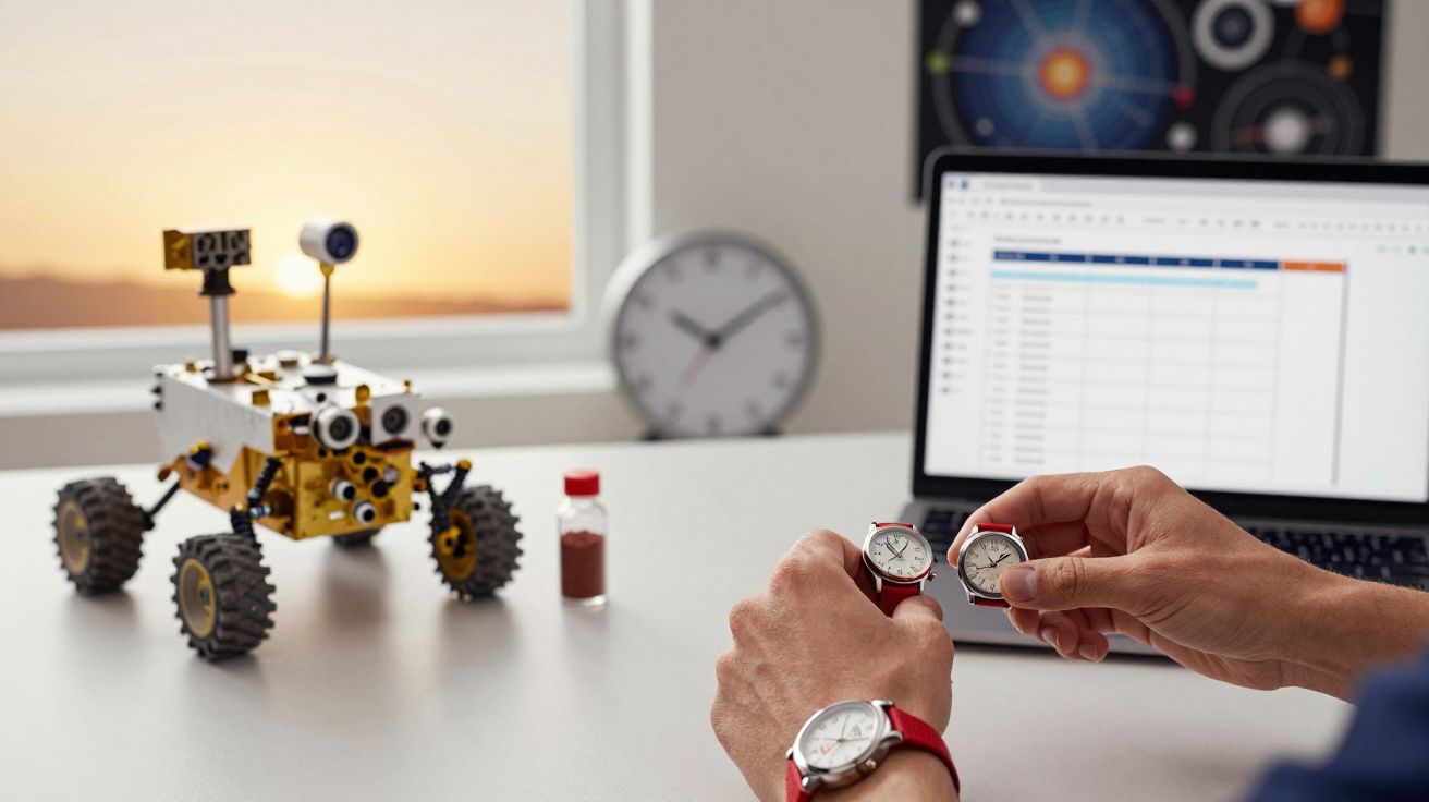 Pessoa checa relógios de pulso com carro robô, computador e relógio de parede ao fundo em mesa de escritório ao pôr do sol.
